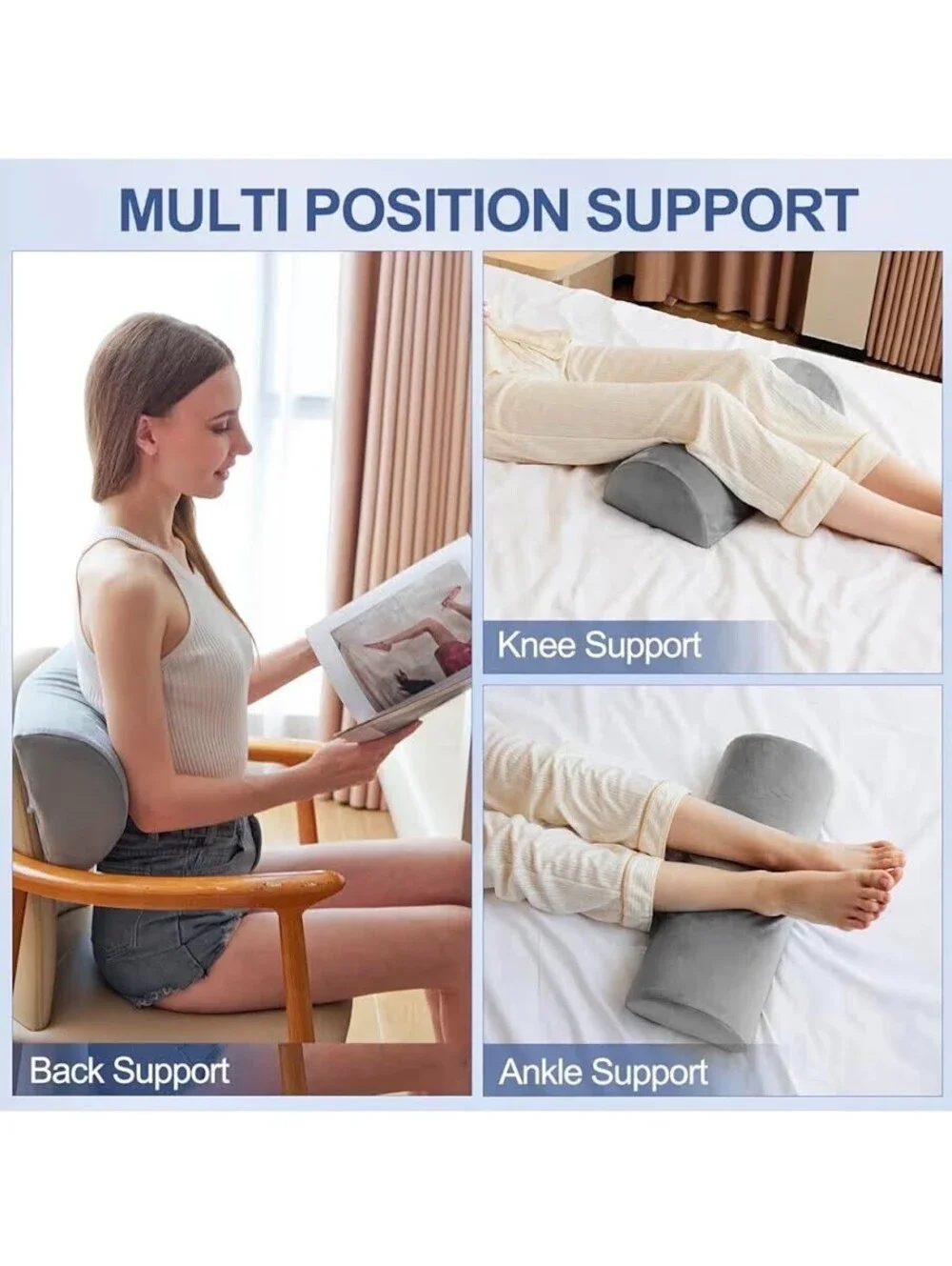Knee Pillow For Back Sleeping, Half Moon Bolster Pillow, Grey, 19.75